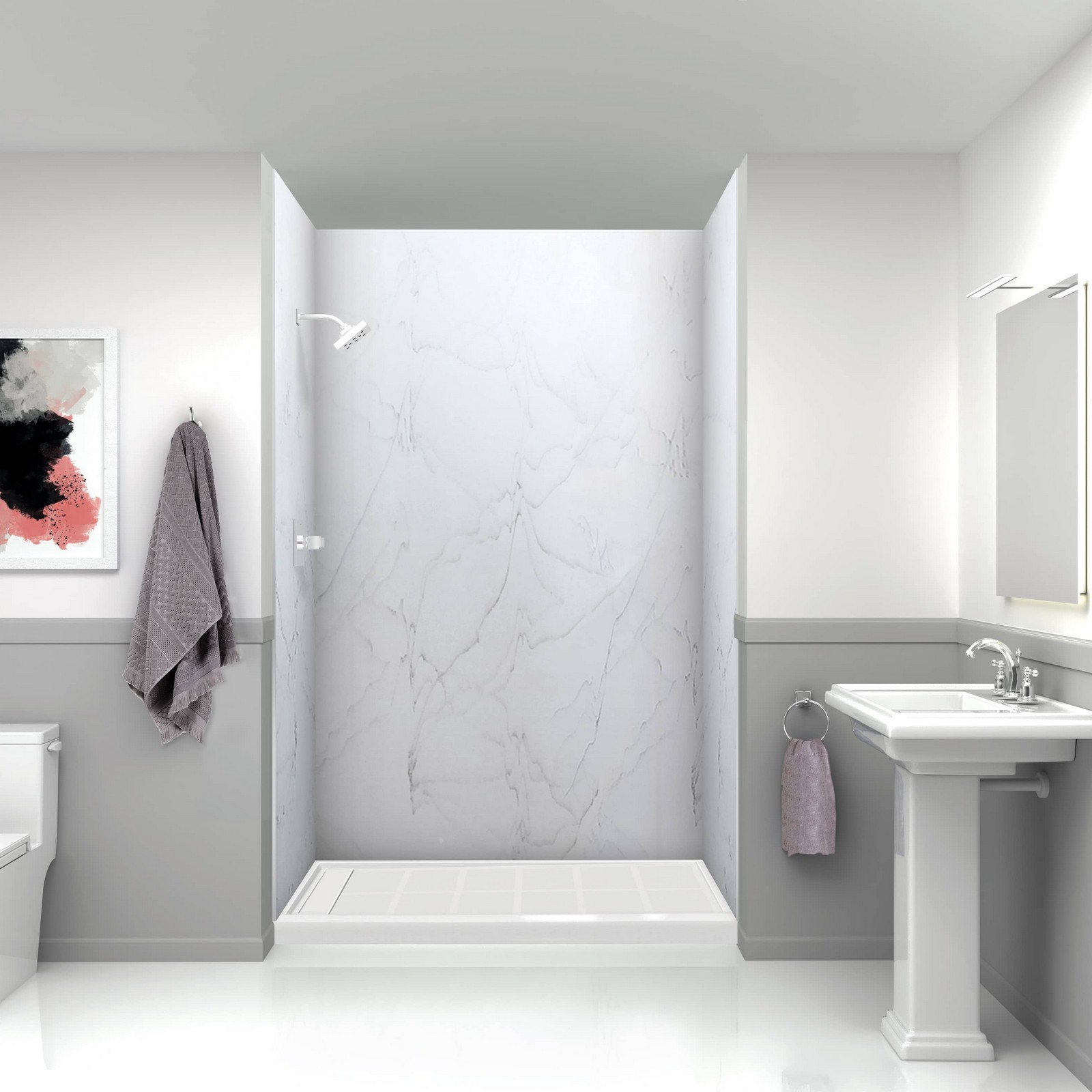 Finished bathroom with a solid surface shower surround and a pedestal basin