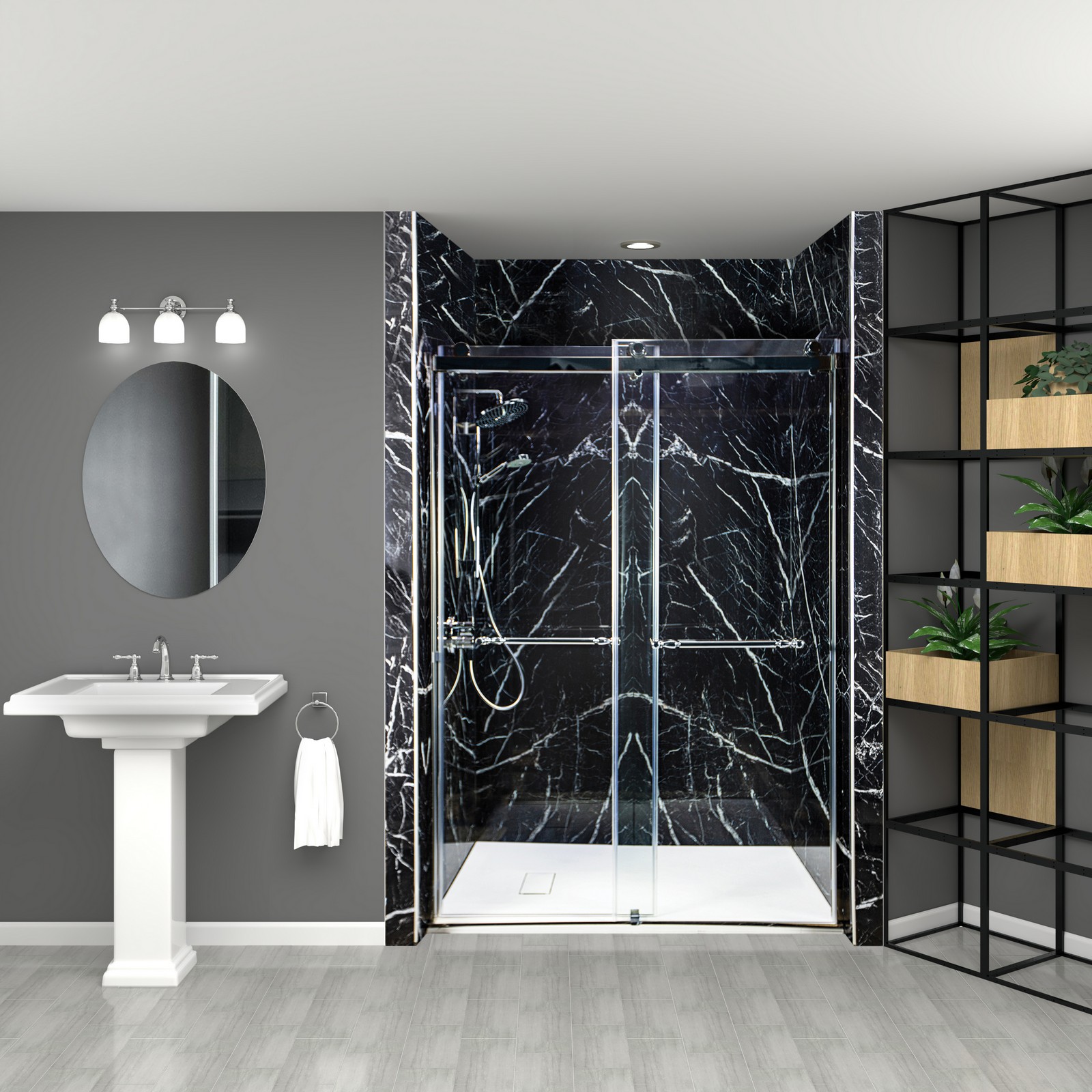 Shower with a dark Onyx solid surface surround and a glass enclosure