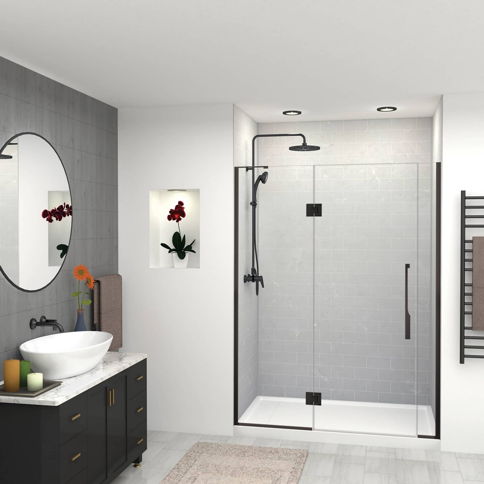 Acrylic shower with a marble-pattern surround and a glass enclosure