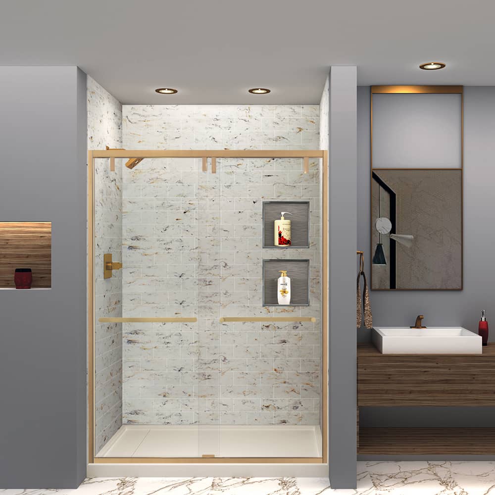 Bathroom with an Onyx solid surface shower surround and a glass door
