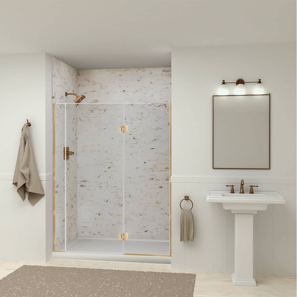 Newly installed alcove bathtub with a light surround and chrome fittings