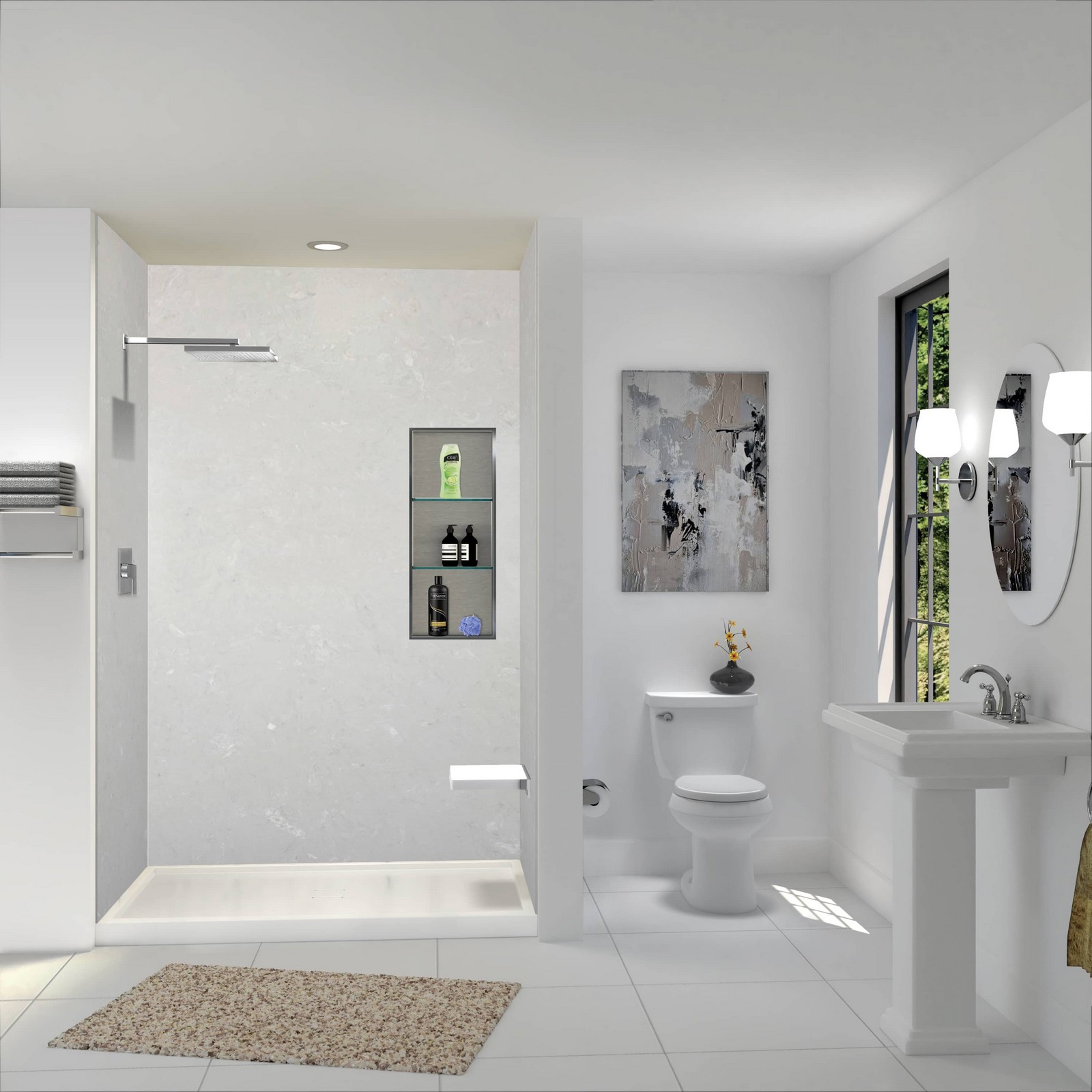 Modern walk-in shower with a marble-pattern surround and chrome fittings