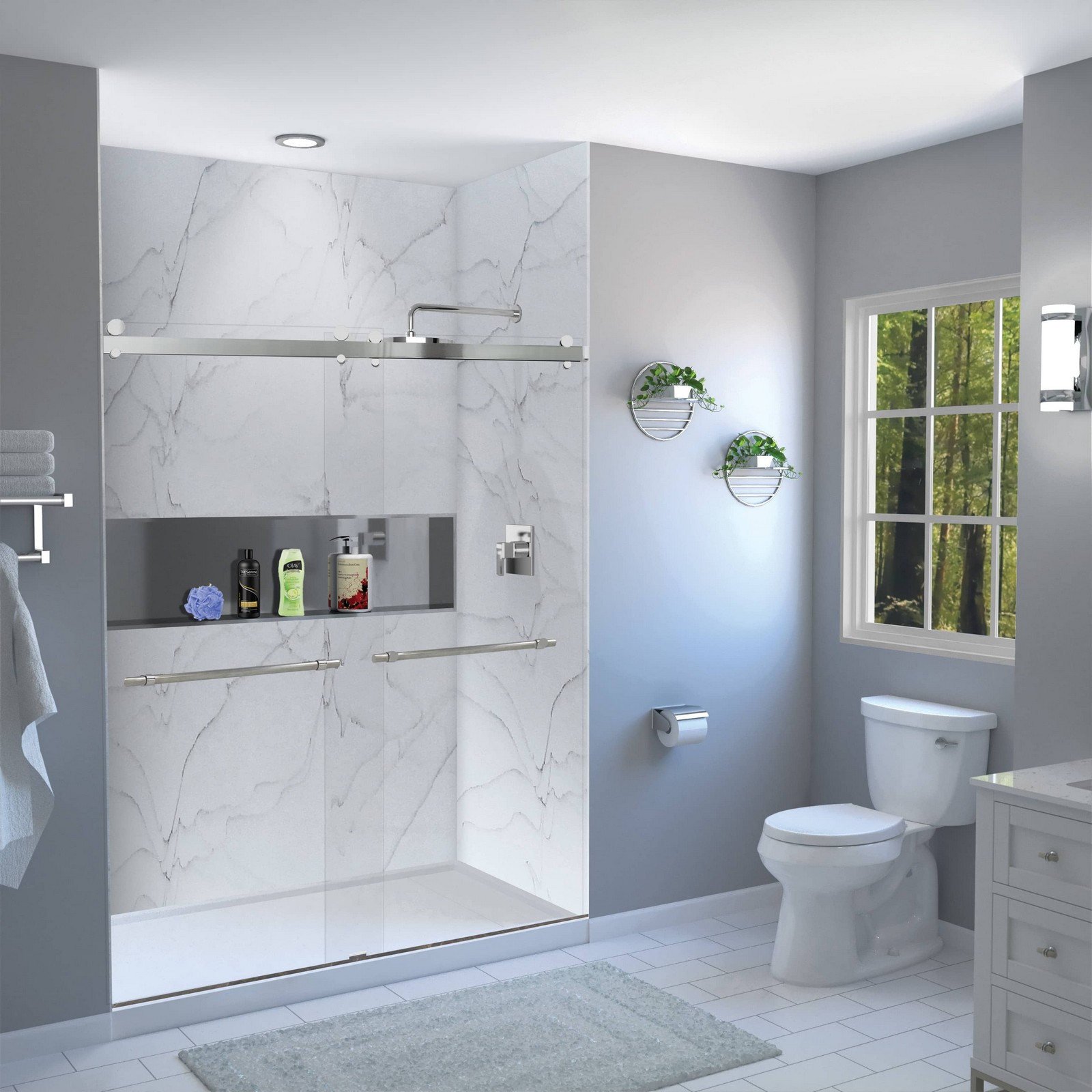 Remodeled bathroom with a marble-pattern shower surround, glass doors and a grey vanity
