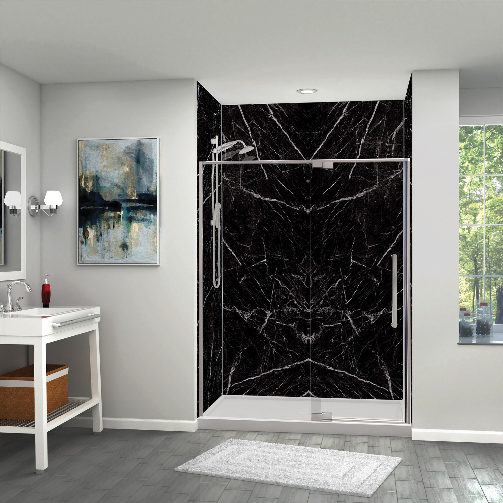 Accessible bathroom with a zero-threshold shower, seating and a dark solid surface surround