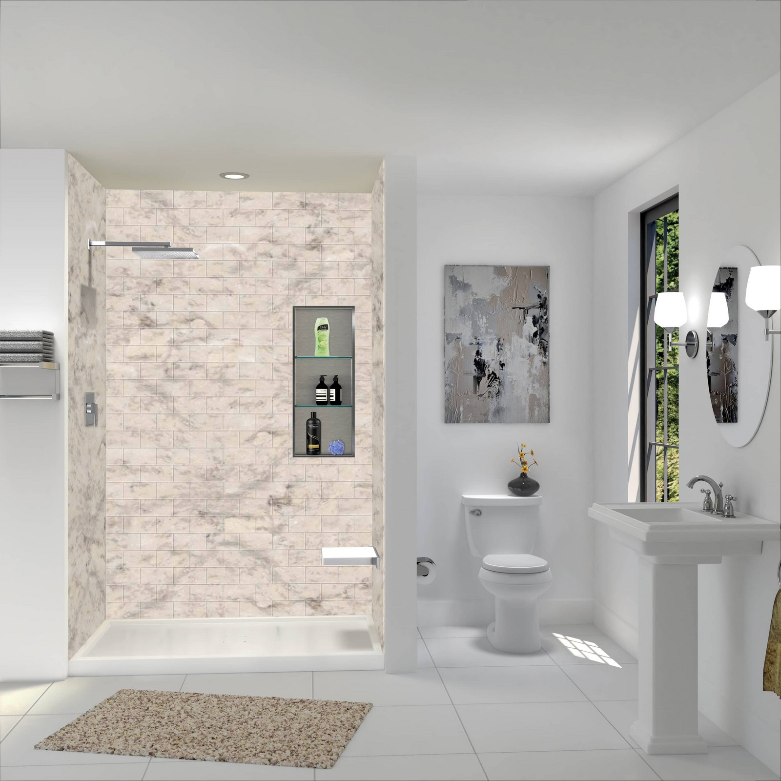Tiled-look shower with a built-in niche fitted where a bathtub previously stood