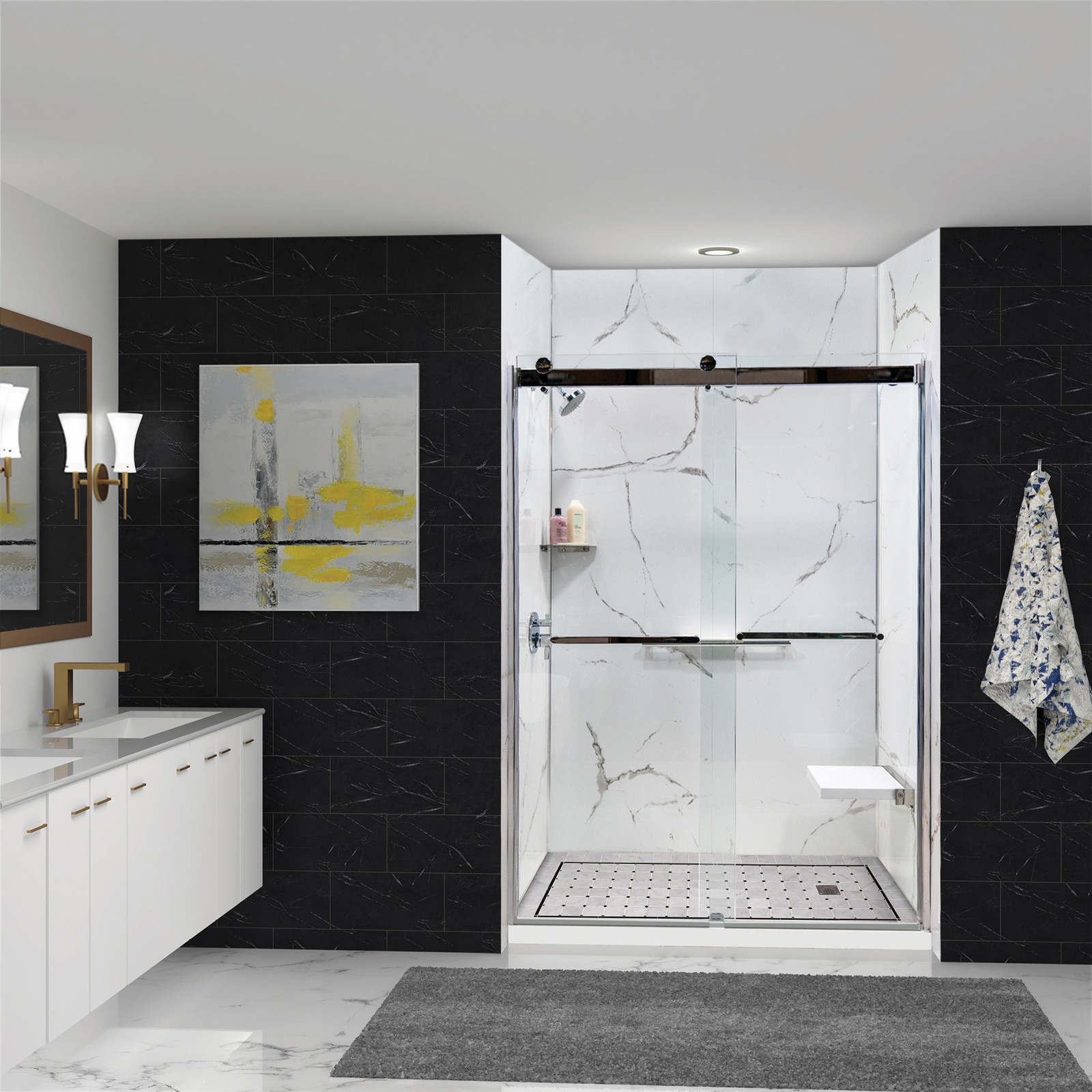 Walk-in shower with a stone-pattern surround, glass enclosure and chrome fittings