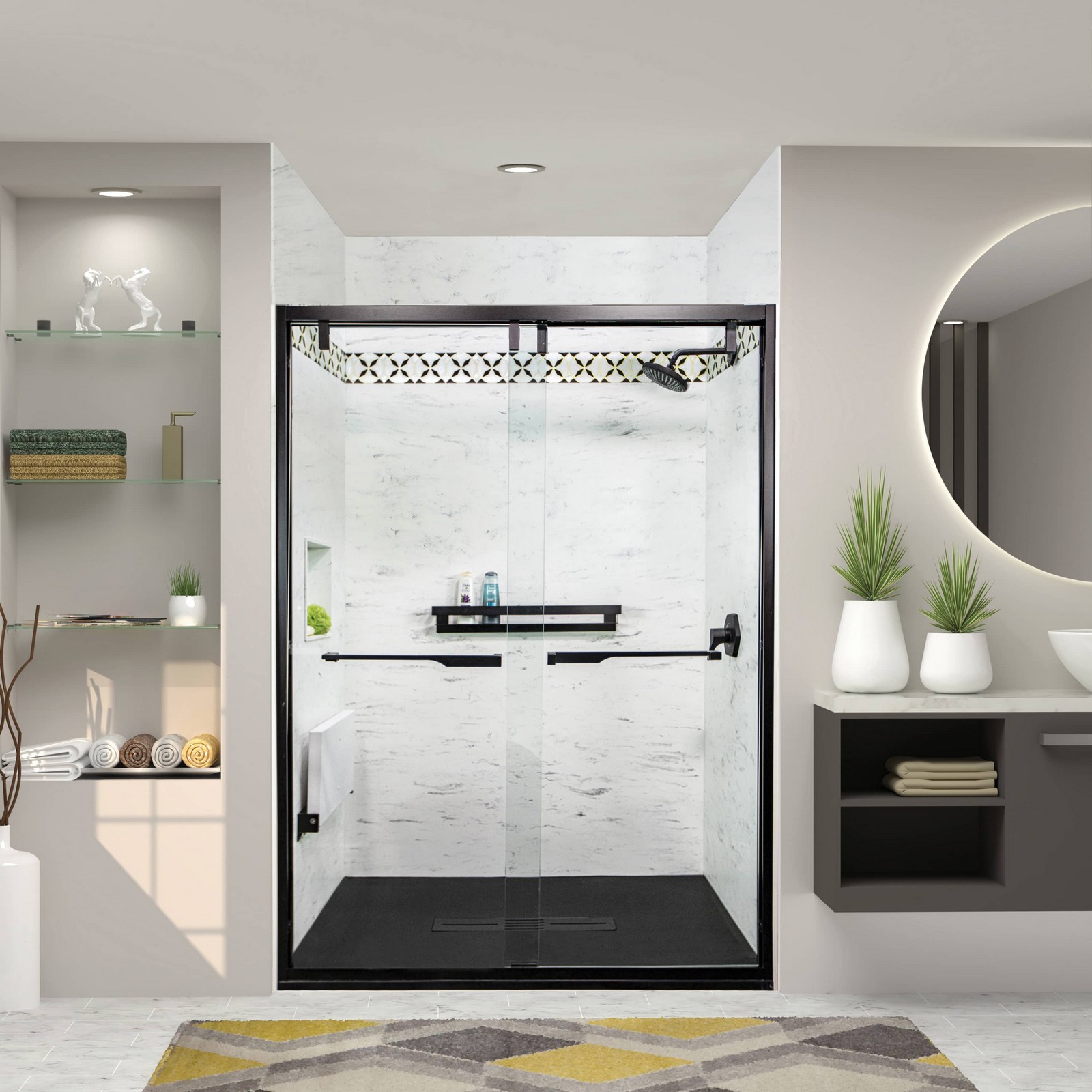Remodeled bathroom with a marble-pattern shower surround and glass doors