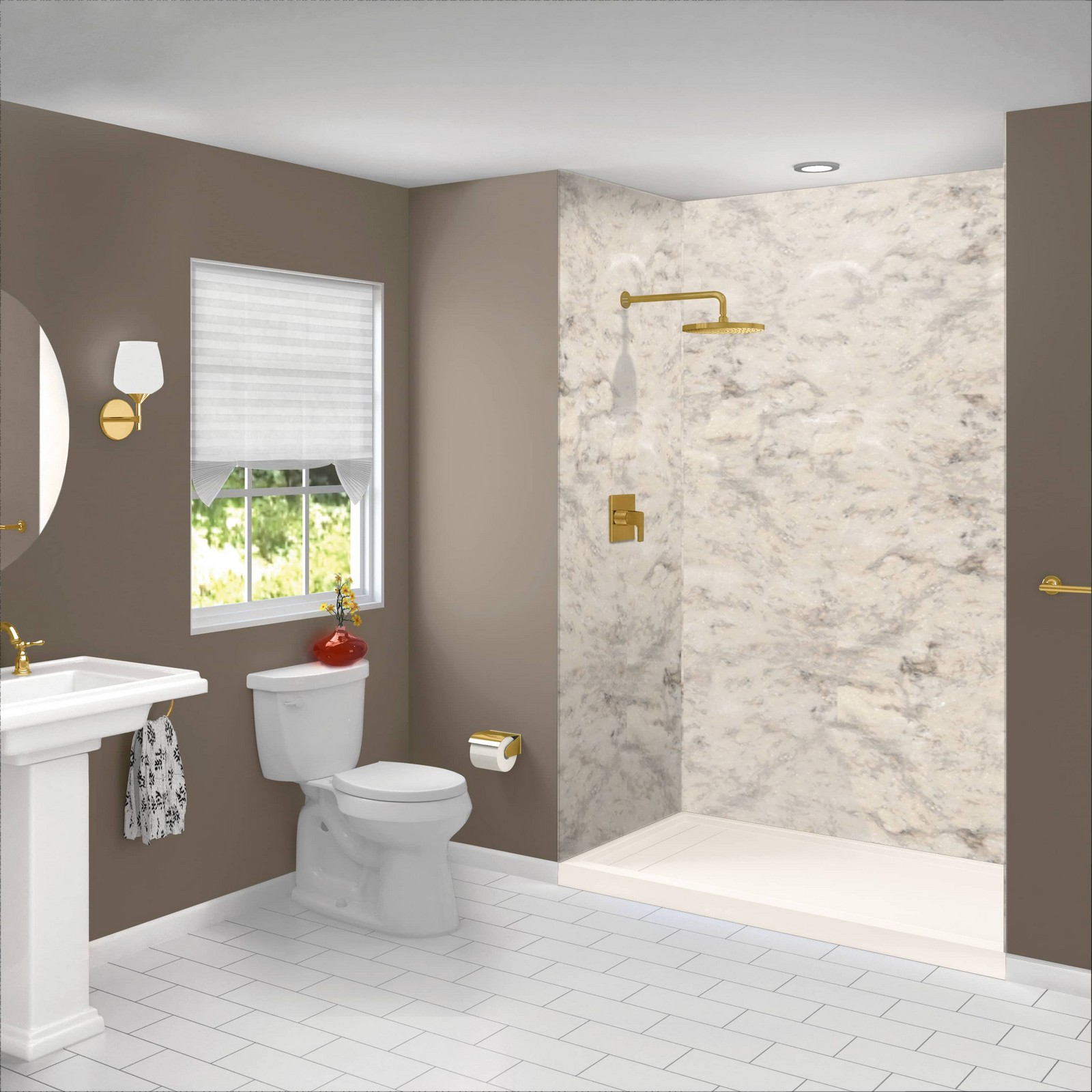 Wider view of the finished Onyx shower with the vanity and mirror alongside it
