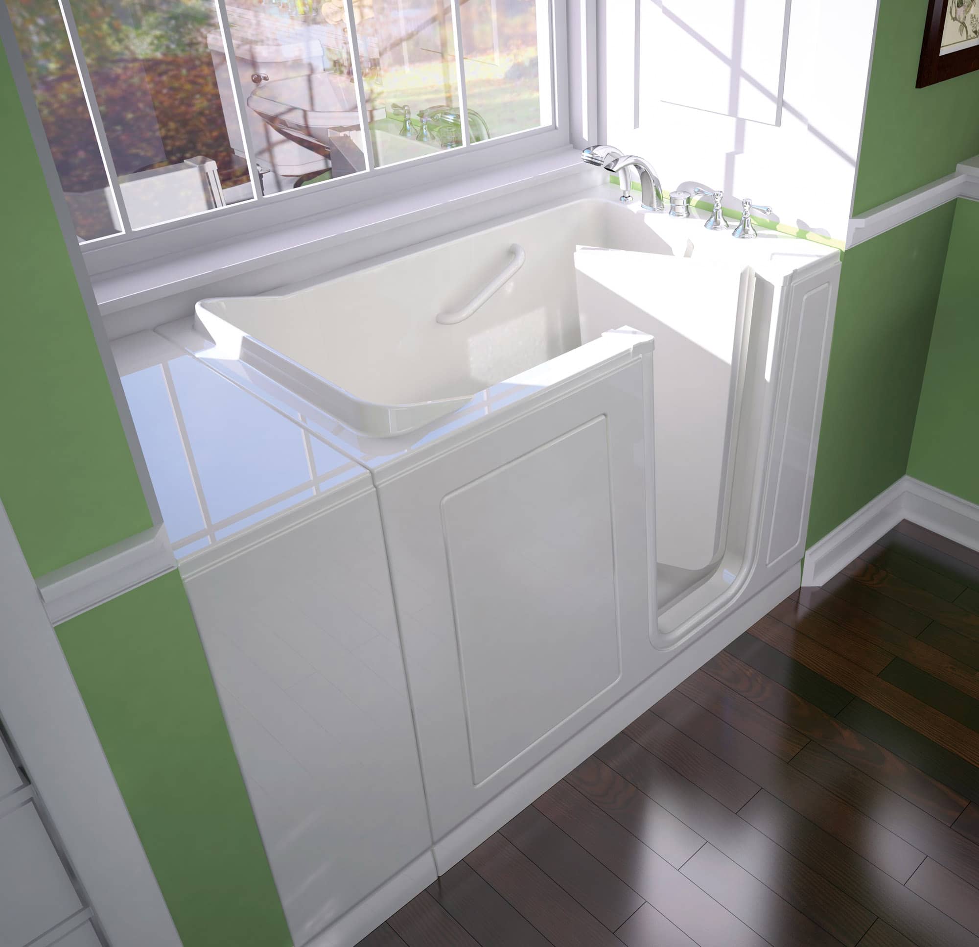 Completed stone-pattern shower surround with the vanity alongside