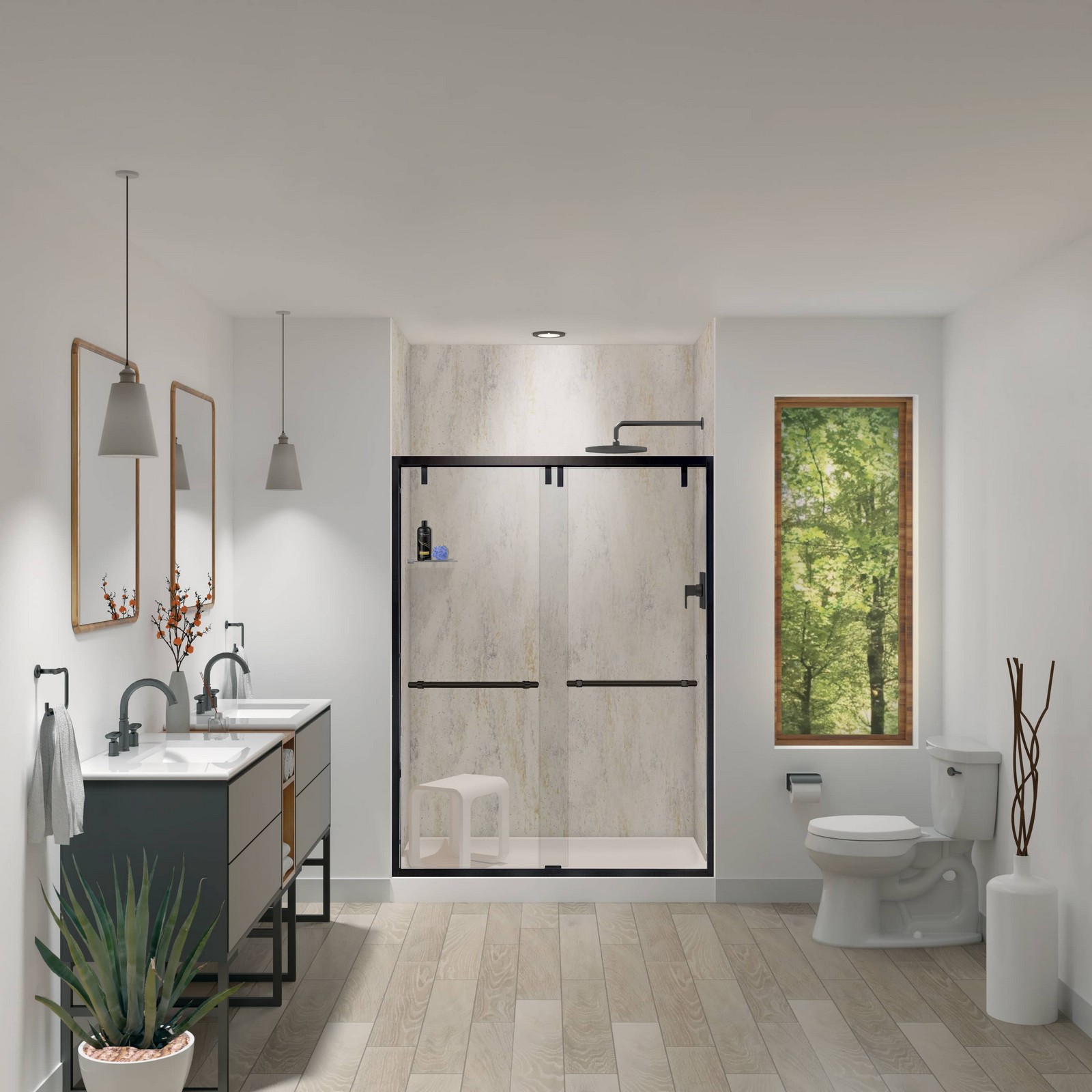 Shower with a dark marble-pattern Onyx surround and a clear glass enclosure