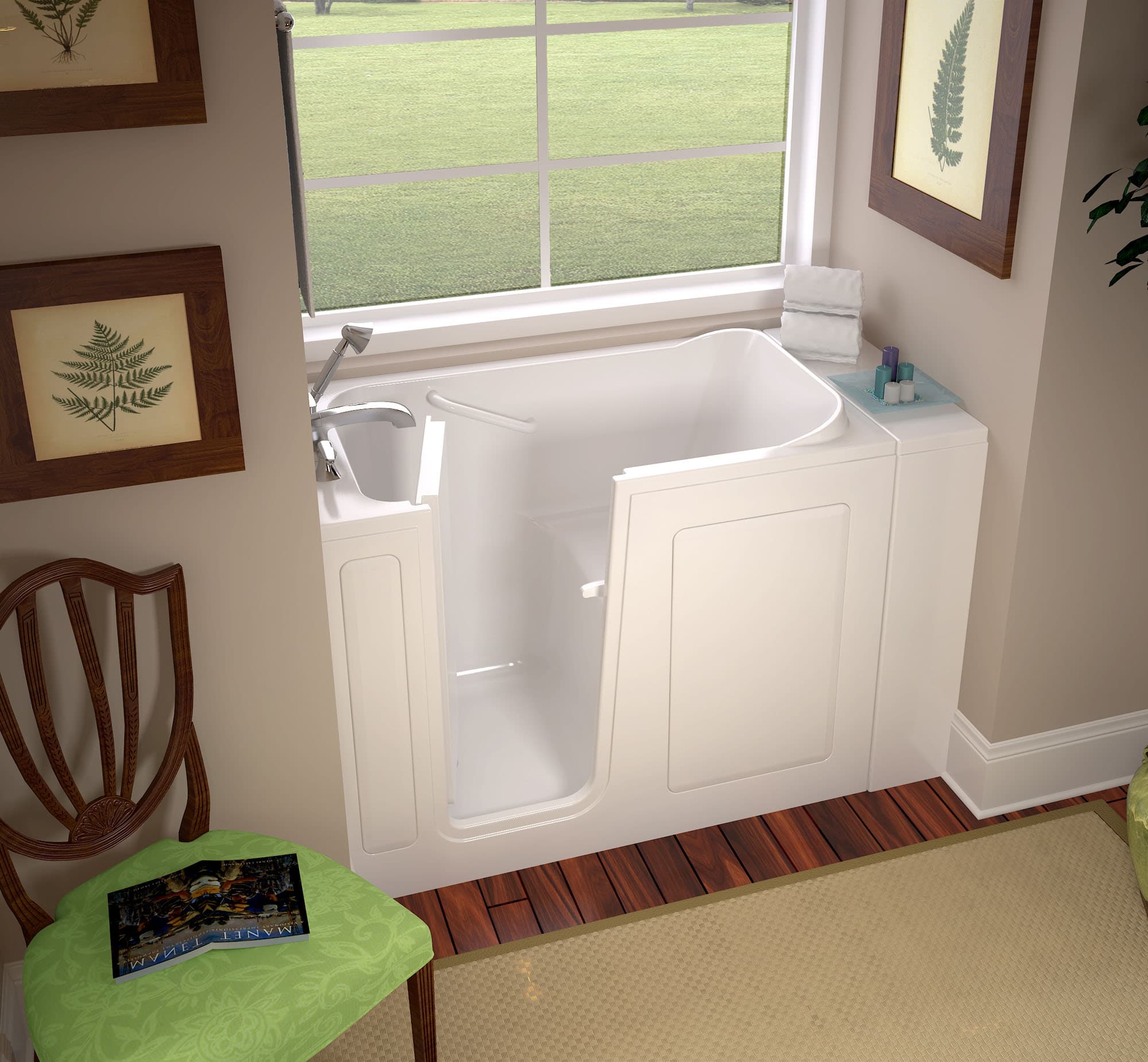 Shower with a warm stone-pattern surround, corner shelving and a glass door